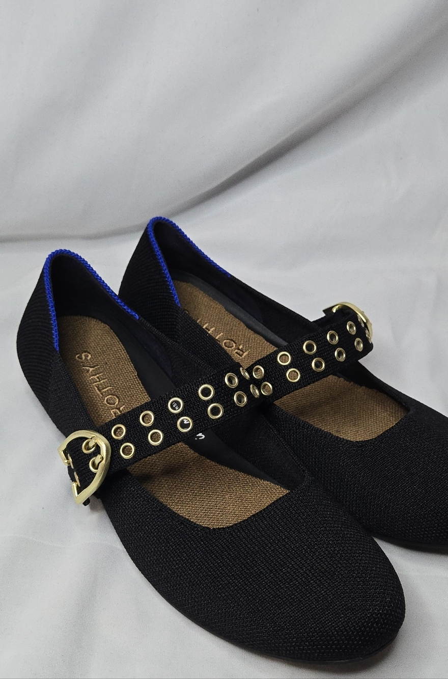Rothy's Black The Ballet Mary Jane Flats Gold Buckle and Strap Women's 7 - Picture 2 of 12